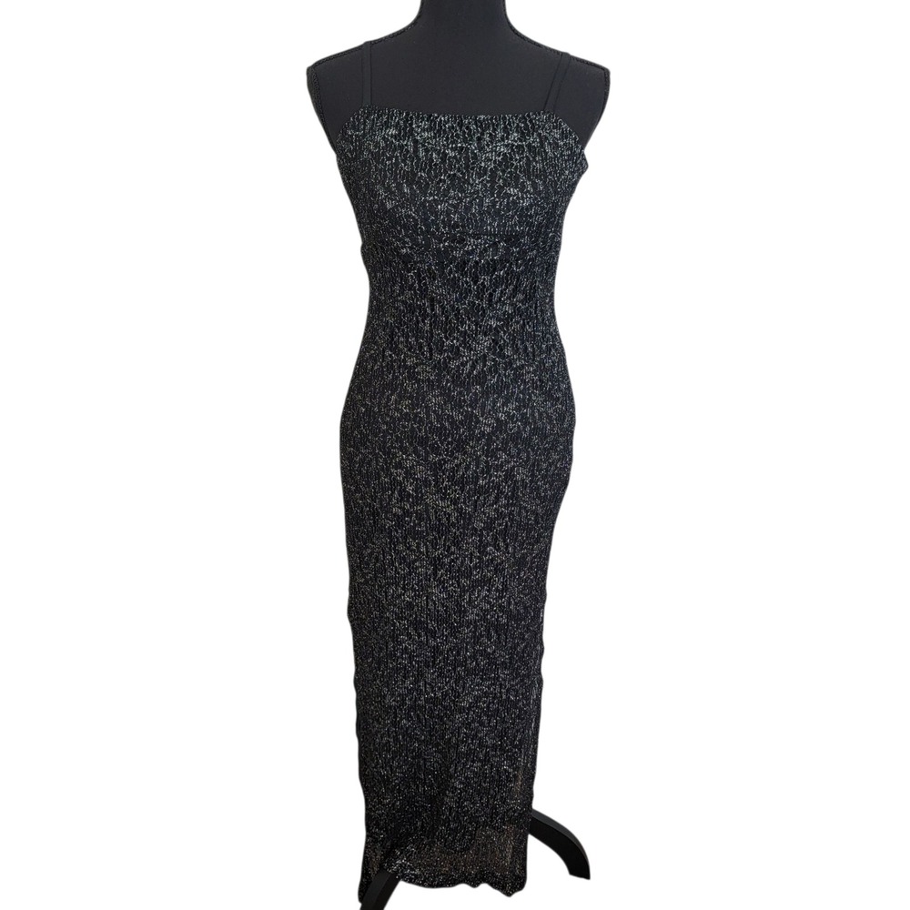 Vintage 90s‎ Black Silver Metallic Maxi Dress Square Neck Sleeveless Side Slit